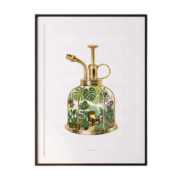 Dekorační plakát na stěnu s rozprašovačem a rostlinami 50 x 70 cm tisk na plátno zeleno zlatý přírodní motiv obraz bez rámu 1