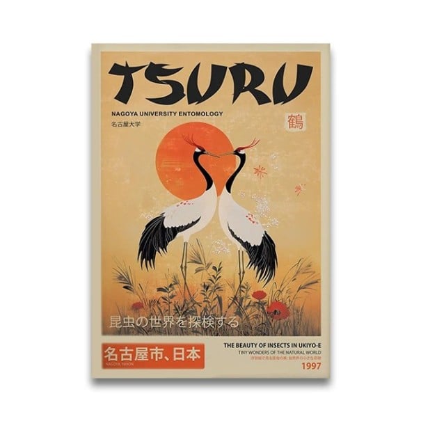 Dekorační plakát na zeď dva jeřábi japonský motiv 21 x 30 cm tisk na plátno béžovo oranžový přírodní dekorace do interiéru bez rámu 1