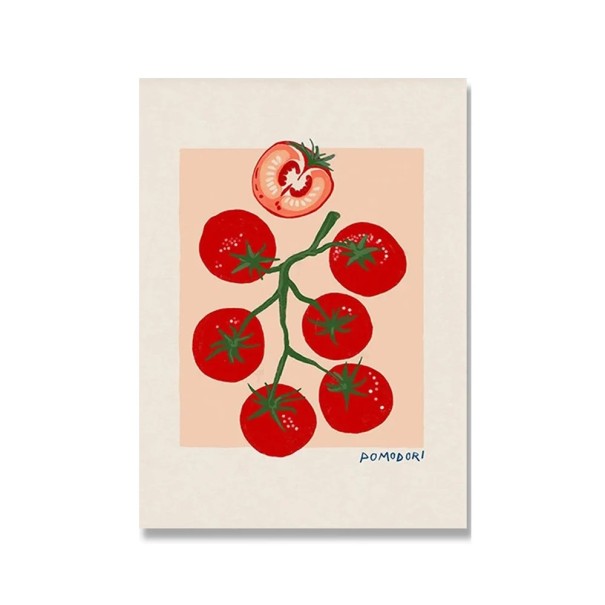 Dekorační plakát na zeď rajčata na větvi 50 x 75 cm plátno tisk červená zelená ilustrace měkké provedení bez rámu interiér restaurace 1
