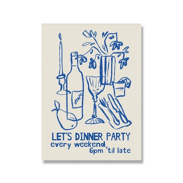 Dekorační plakát na zeď s ilustrací stolování 50 × 70 cm tisk na plátno modro-bílý lineární motiv bez rámu do kuchyně a jídelny 1