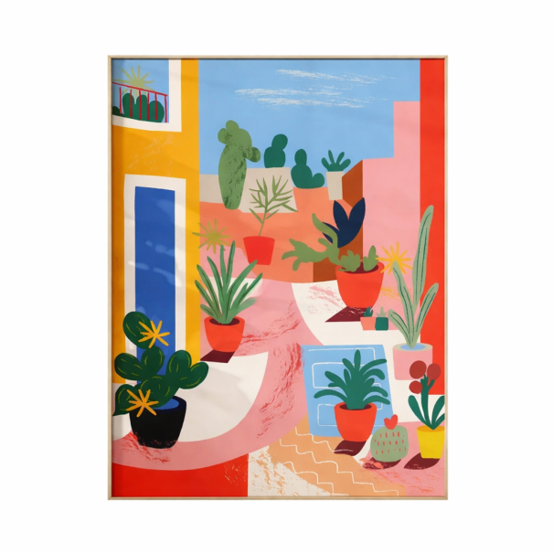 Dekorační plakát na zeď s motivem květináčů v ulici 50 × 70 cm tisk na plátno vícebarevná ilustrace interiérová dekorace bez rámu 1