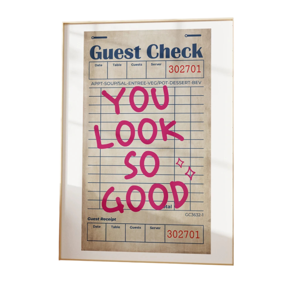 Dekorační plakát na zeď s pochvalným textem na účtence 20 x 30 cm tisk na plátno měkký bez rámu růžový nápis béžový podklad interiér 1