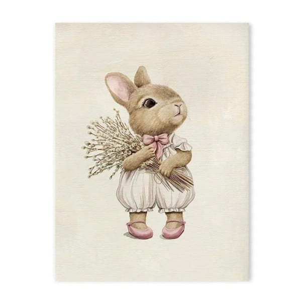 Dekorační plakát na zeď s roztomilým králíčkem 20 x 25 cm tisk na plátno béžovo-růžové jemné tóny bez rámu do dětského pokoje 1