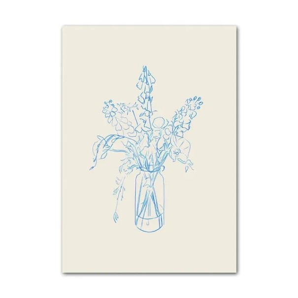 Dekorační plakát na zeď váza s květinami 20 × 30 cm tisk na plátně minimalistický modro béžový liniový motiv interiér 1