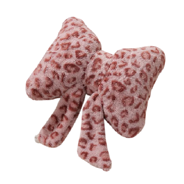 Dekoračný vankúšik v tvare mašle so zvieracím vzorom plyšový s dlhými stuhami dizajnový doplnok na sedačku posteľ ružová