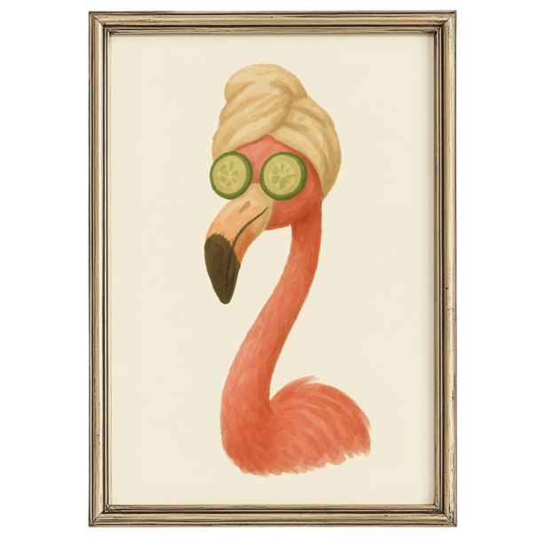 Dekoratiivinen juliste flamingosta turbaanilla ja kurkkujen kanssa silmillä 40 x 60 cm kangaspainatus seinätaulu vaaleanpunainen ilman kehystä kylpyhuoneeseen 1