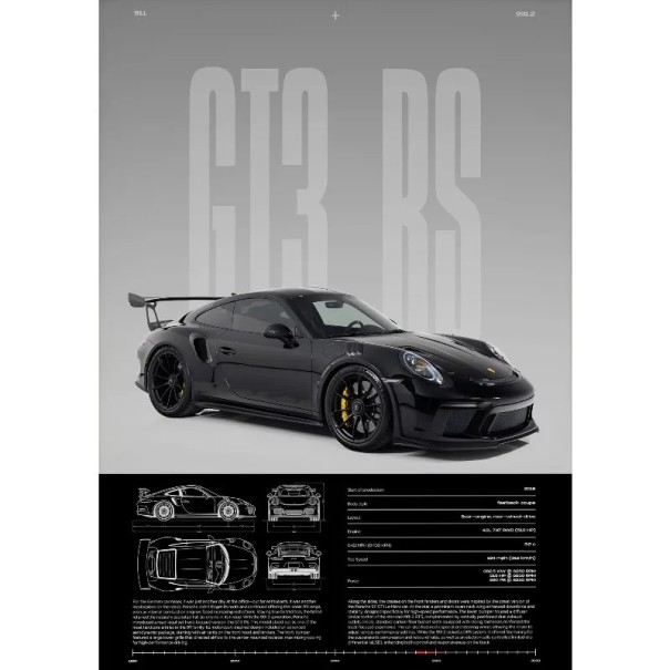 Dekoratiivinen juliste GT3-RS urheilu luksusauto 40 x 60 cm kangasprintti musta auto ilman kehystä seinäkoriste asuntoon 1