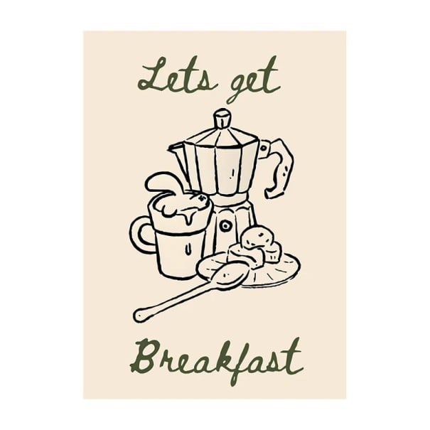 Dekoratiivinen seinäjuliste aamiaisteemalla Let's get breakfast 40 × 50 cm canvas-tuloste beige sisustus keittiöön ja kahvilaan ilman kehystä 1