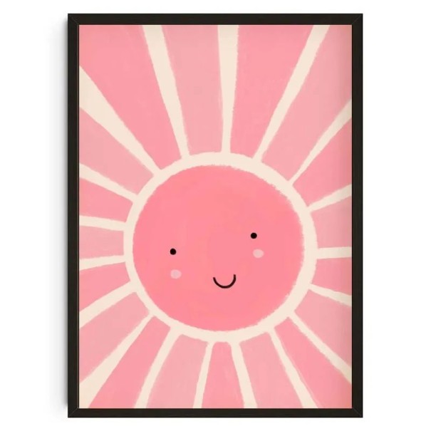 Dekoratiivinen seinäjuliste auringon motiivilla 40 × 60 cm kangasprintti vaaleanpunaisessa toteutuksessa kuva lastenhuoneeseen ilman kehystä 1