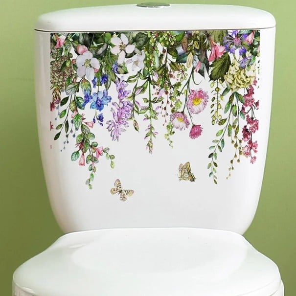 Dekorationsaufkleber für die WC-Spülkasten 29 x 22 cm Motiv mit Blättern und bunten Blumen Aufkleber für die Toilette Einfache Anwendung Natürlicher 1