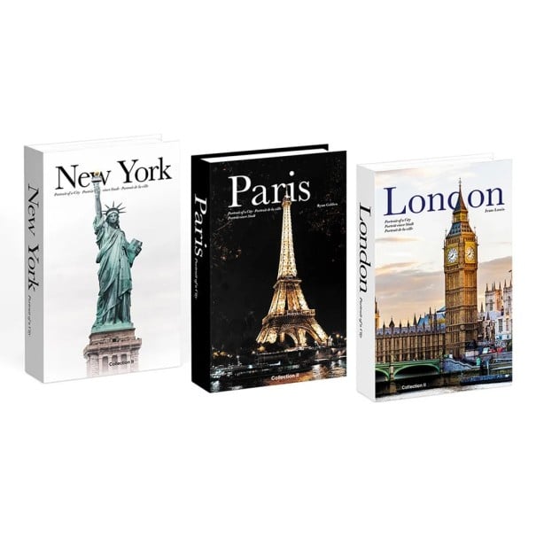 Dekorativ bog i falsk design med motiver fra verdensbyerne New York, Paris og London, ikke-åbningsbar dekoration til hylden i biblioteket 1