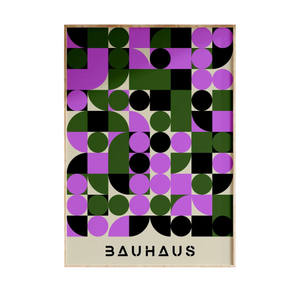 Dekoratív geometriai poszter 30 x 40 cm Bauhaus absztrakt lila-zöld-fekete motívum vászonra nyomtatott stílusos poszter keret nélkül 1