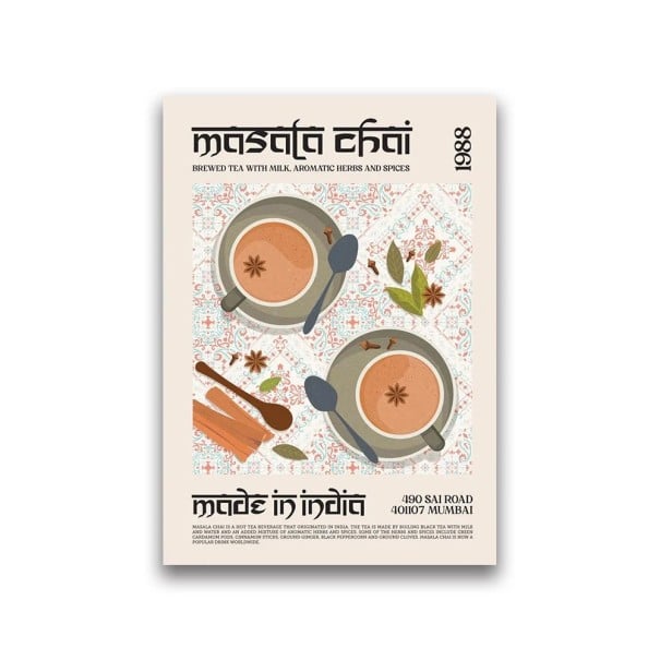 Dekoratív plakát 30 x 40 cm Indiai Masala Chai Világkonyha Fali kép itallal Vászonnyomtatás Keret nélkül étteremhez 1