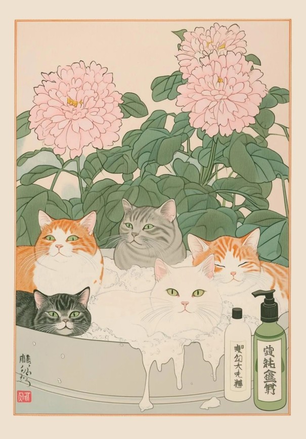 Dekoratív poszter 40 x 60 cm Macskák habfürdőben Japán stílus Illusztráció vászonra Modern falikép Aranyos dekoráció Keret nélkül 1