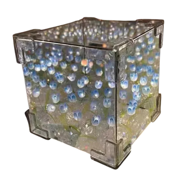 Dekorative Lichtwürfel mit LED-Tulpen 9 x 9 x 9 cm Moderne Wohnraumdekoration für Tisch, Regal oder Kommode blau