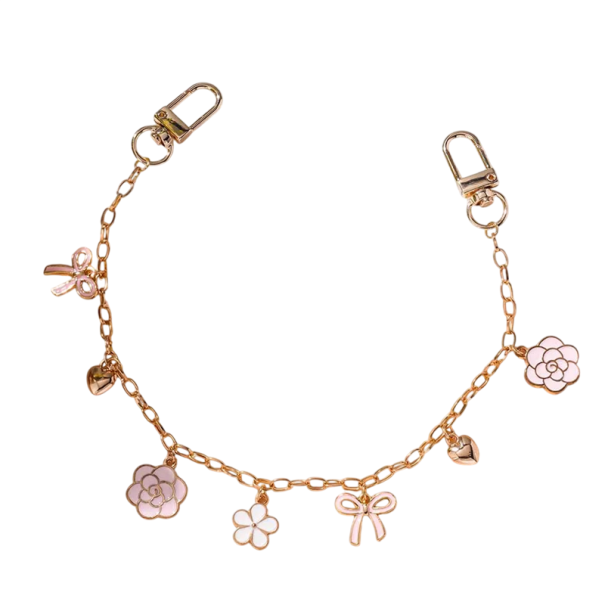 Dekorativer Kettenanhänger für Handtaschen Goldene Kette mit Schleifen, Blumen und Herzen Metalllegierung Dekorativer modischer Kettenanhänger für Handtaschen 1