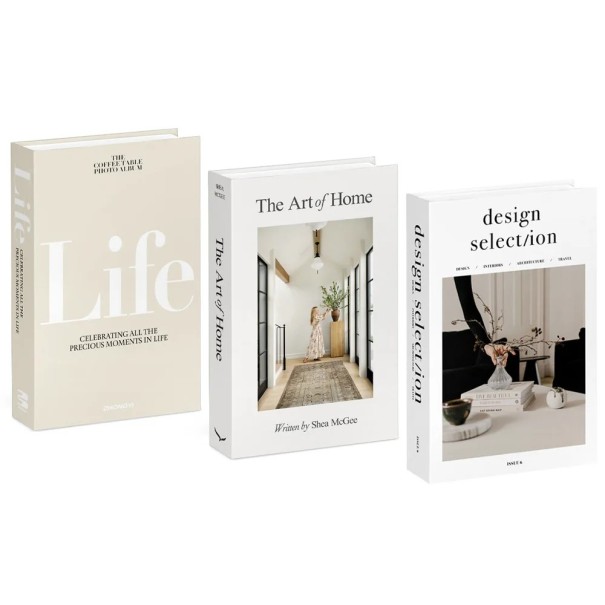 Dekoratívna falošná kniha Life The Art of Home Design Selection neotvárateľná imitácia knihy béžovo biely dizajn dekorácie na polici 1