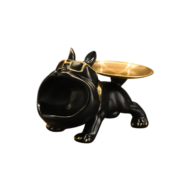 Dekorativní buldog odkládací miska na šperky a drobnosti 25x14.5x16 cm designový stojan pes se zlatou miskou a brýlemi černá