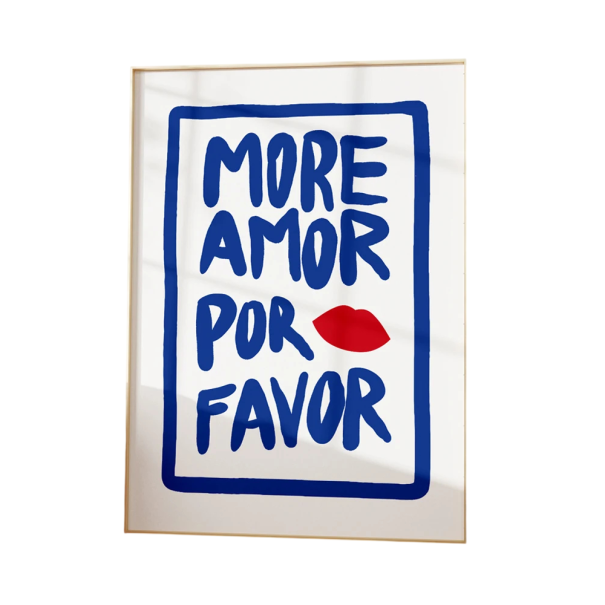 Dekorativní plakát na stěnu s textem more amor por favor 40 x 60 cm plátěný tisk modré písmo červené rty výrazný interiérový doplněk bez rámu 1