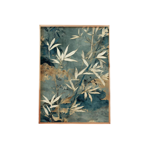 Dekorativní plakát na zeď bambusové lístky japonský motiv 40 × 60 cm tisk na plátno modrozelený béžový design do interiéru bez rámu 1
