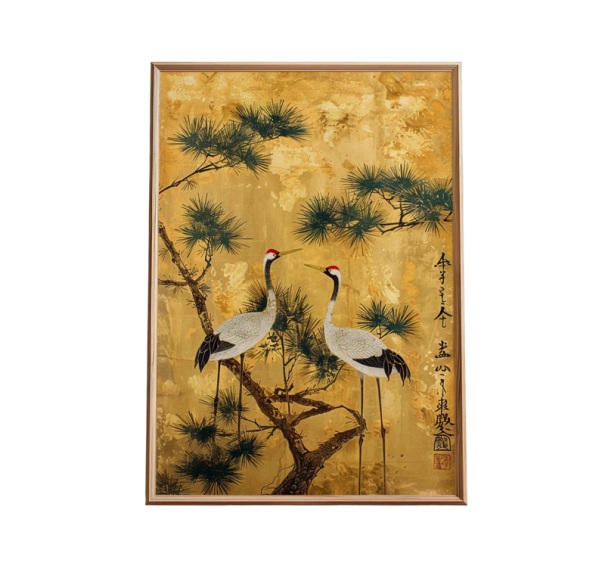 Dekorativní plakát na zeď dva jeřábi japonský motiv 30 × 40 cm tisk na plátno zlatý zelený bílý obraz do interiéru bez rámu 1
