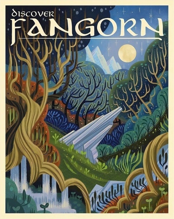 Dekorativní plakát na zeď Fangorn les fantasy motiv 30 × 40 cm tisk na plátno modro-zelená krajina interiérová dekorace bez rámu 1