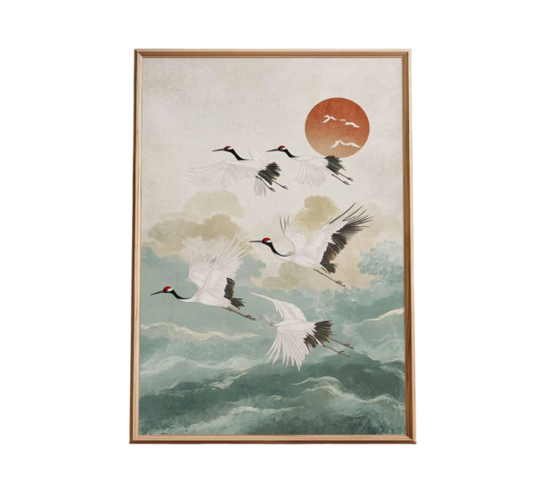 Dekorativní plakát na zeď letící jeřábi japonský motiv 30 × 40 cm tisk na plátno zelený bílý přírodní obraz do interiéru bez rámu 1