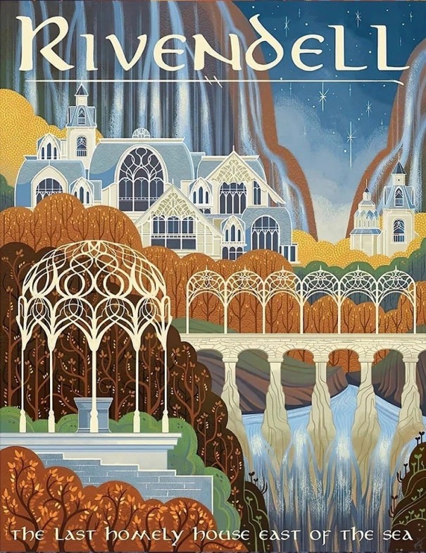 Dekorativní plakát na zeď Roklinka Rivendell fantasy motiv 30 × 40 cm tisk na plátno modro-oranžová ilustrace dekorace do interiéru bez rámu 1