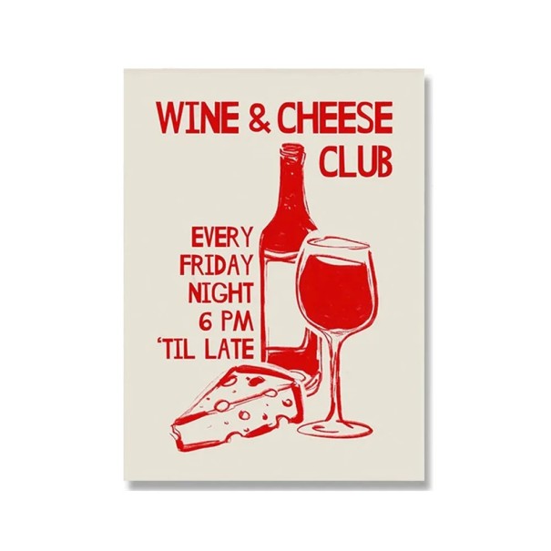 Dekorativní plakát na zeď víno sýr a sklenice 50 x 75 cm tisk na plátno červený motiv měkké provedení bez rámu restaurace 1