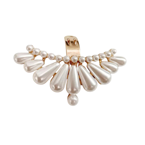 Dekorativní spona na lodičky vějíř s imitací perel kov s připínacím klipem perleťová bílá ozdoba na boty elegantní doplněk obuvi zlatá