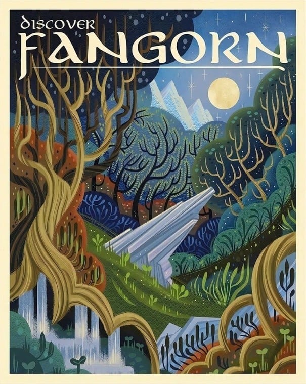 Dekoratívny plagát na stenu Fangorn les fantasy motív 30 × 40 cm tlač na plátno modro-zelená krajina interiérová dekorácia bez rámu 1