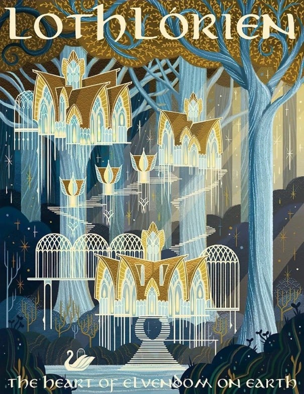 Dekoratívny plagát na stenu Lothlórien fantasy ilustrácia 30 × 40 cm plátno modro-zlaté prevedenie bez rámu nástenná dekorácia 1