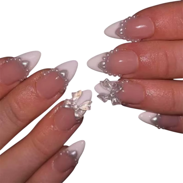 Dekorerede franske kunstige negle Mandlerform 3D perler og sløjfer Elegant udseende 12 størrelser Fin manicure 24 stk 1