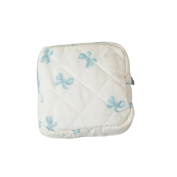 Deliziosa borsa portatile per assorbenti e tamponi 12,5 x 5 x 12,5 cm Organizzatore con zip Sacchetto in poliestere con fiocco blu
