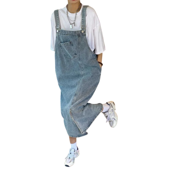 Denim bibjurk voor dames Losse pasvorm Oversized model Midi-lengte Stijlvol voorvak Comfortabel dagelijks dragen Modieuze streetwear S