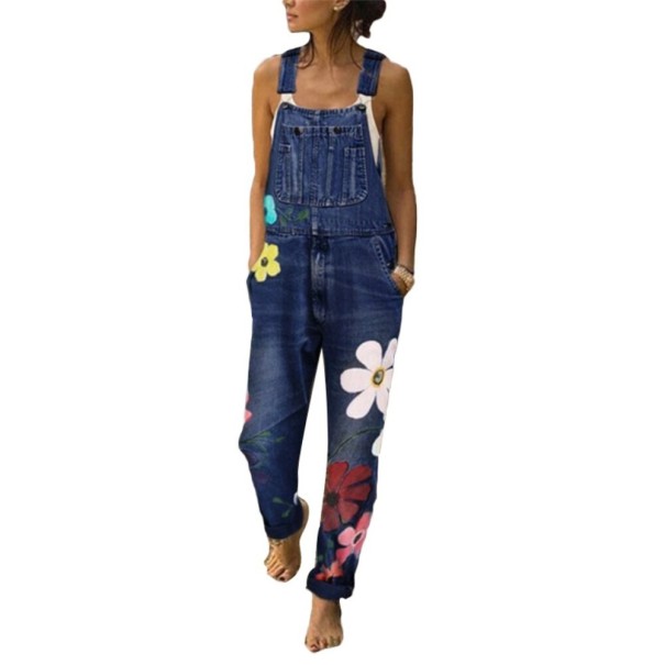 Denim jumpsuit för kvinnor med blommor mörkblå M