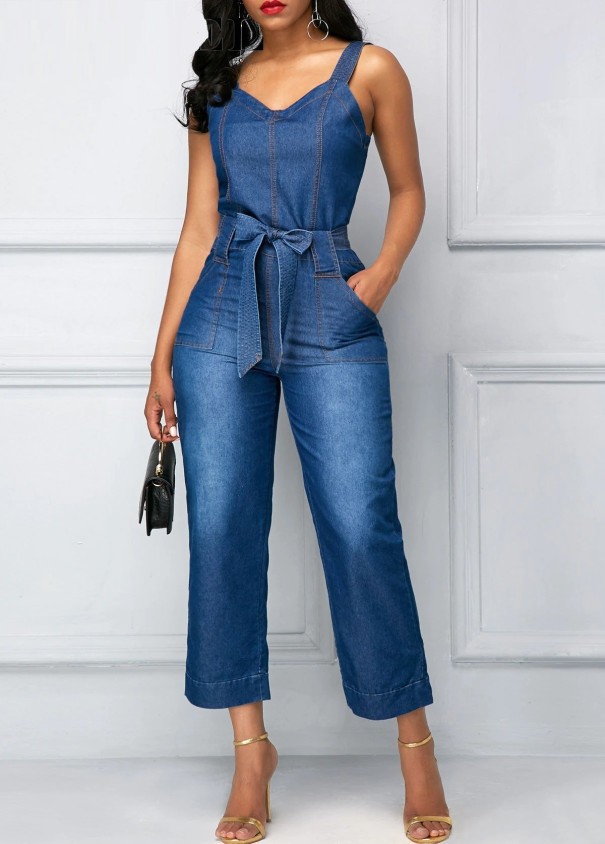 Denim jumpsuit för kvinnor med remmar