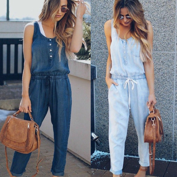 Denim jumpsuit för kvinnor med spets och knappar