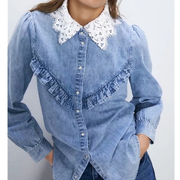 Denimskjorta för kvinnor med spets