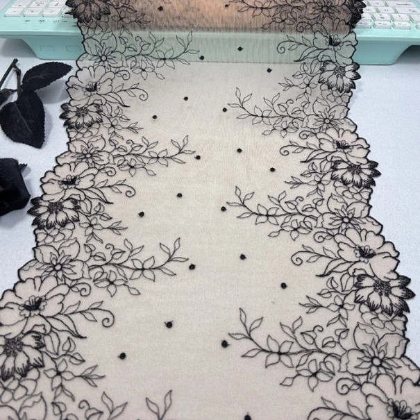 Dentelle brodée en tulle 26 x 91 cm Dentelle en polyester noire avec motif végétal Tissu décoratif pour la couture de vêtements, décorations, DIY 1