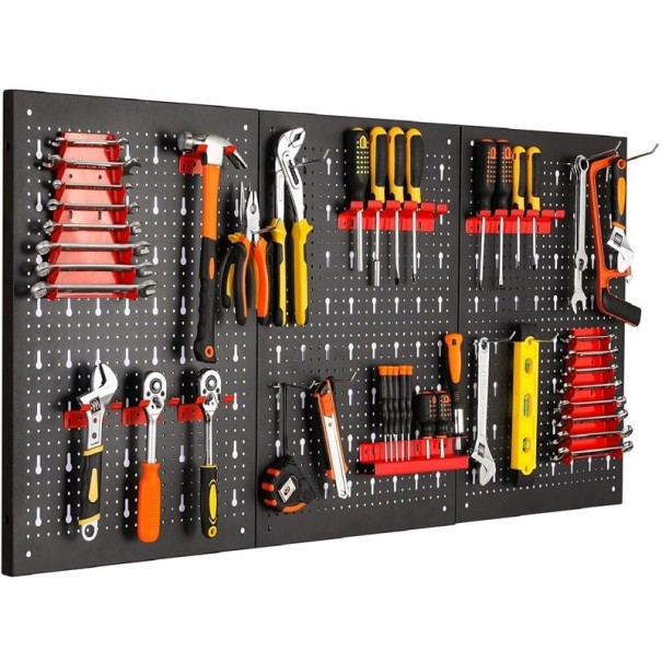 Děrovaný panel na nářadí se sadou držáků a háčků 120 x 60 cm ze tří samostatných dílů 40 x 60 cm černý s červenými držáky do dílny 1