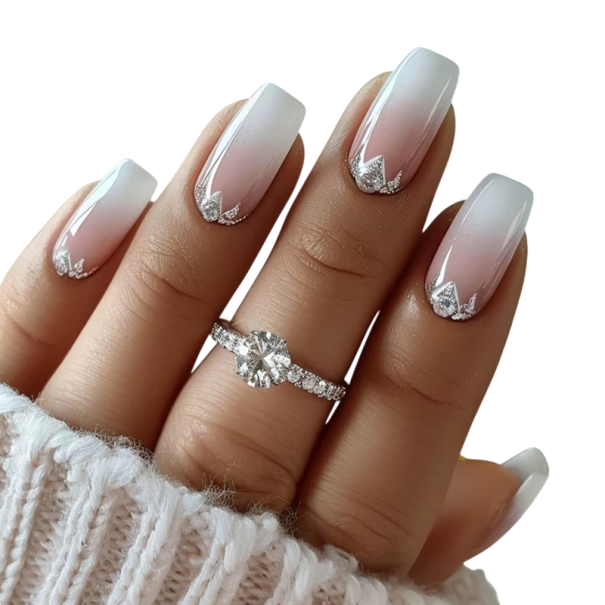 Design delle unghie 24 pz Unghie finte adesive per manicure domestica Forma quadrata Finitura francese ombré con glitter 1