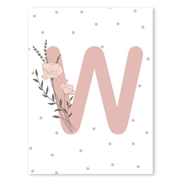 Design plakát 21 x 30 cm Vászonkép rózsaszín „W” betűvel és virágos mintával Minimalista faldekoráció Keret nélkül 1