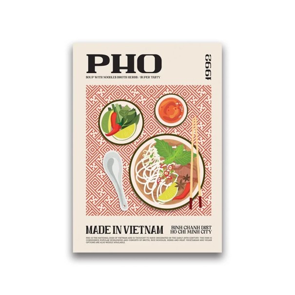 Design plakát 30 x 40 cm Vietnami Pho Világ gasztronómia Ételkép Vászonnyomtatás Puha kivitel Keret nélkül 1