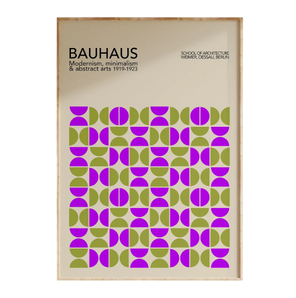 Design plakát a falra 50 x 70 cm Bauhaus absztrakt geometria lila és zöld félkörök modern vászon nyomat keret nélkül 1