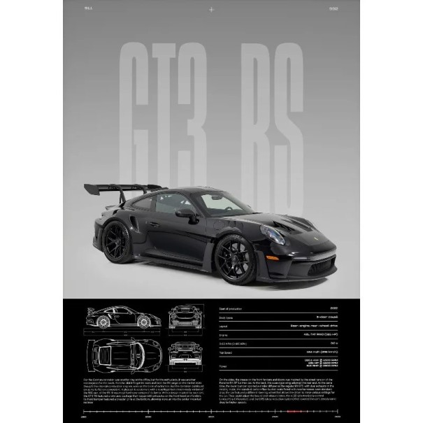 Designoplakatti GT3-RS urheilu luksusauto 50 x 70 cm kangastuloste musta auto ilman kehystä seinäkoriste asuntoon 1
