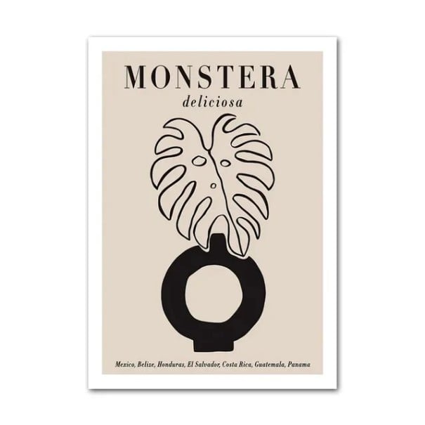 Designový plakát na zeď monstera list s nápisem 50 × 70 cm tisk na plátno černo béžové minimalistické botanické zpracování dekorace 1