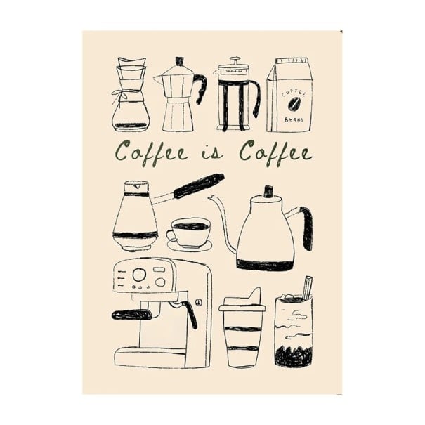 Designový plakát na zeď s ilustracemi přípravy kávy a textem Coffee is Coffee 40 × 60 cm tisk na plátno dekorace do kuchyně i kavárny 1