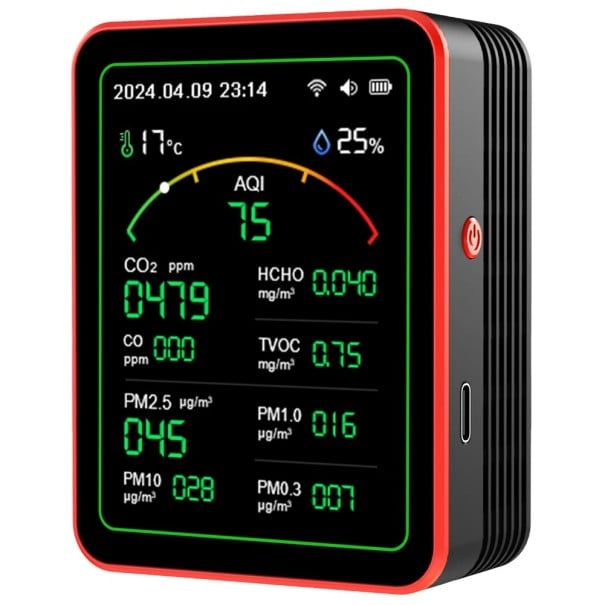 Detektor jakości powietrza WiFi 15 w 1 z wyświetlaczem TFT Przenośny tester PM0,3 PM2,5 PM10 CO2 TVOC HCHO AQI Pomiar i kontrola za pomocą czarny