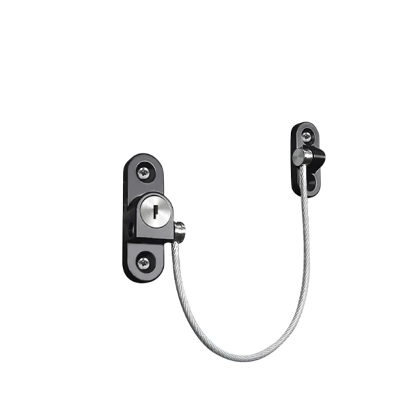 Dětská bezpečnostní pojistka s lankem 257 mm 55 × 16 mm kovové lanko plast černá pro skříně dveře nábytek černá